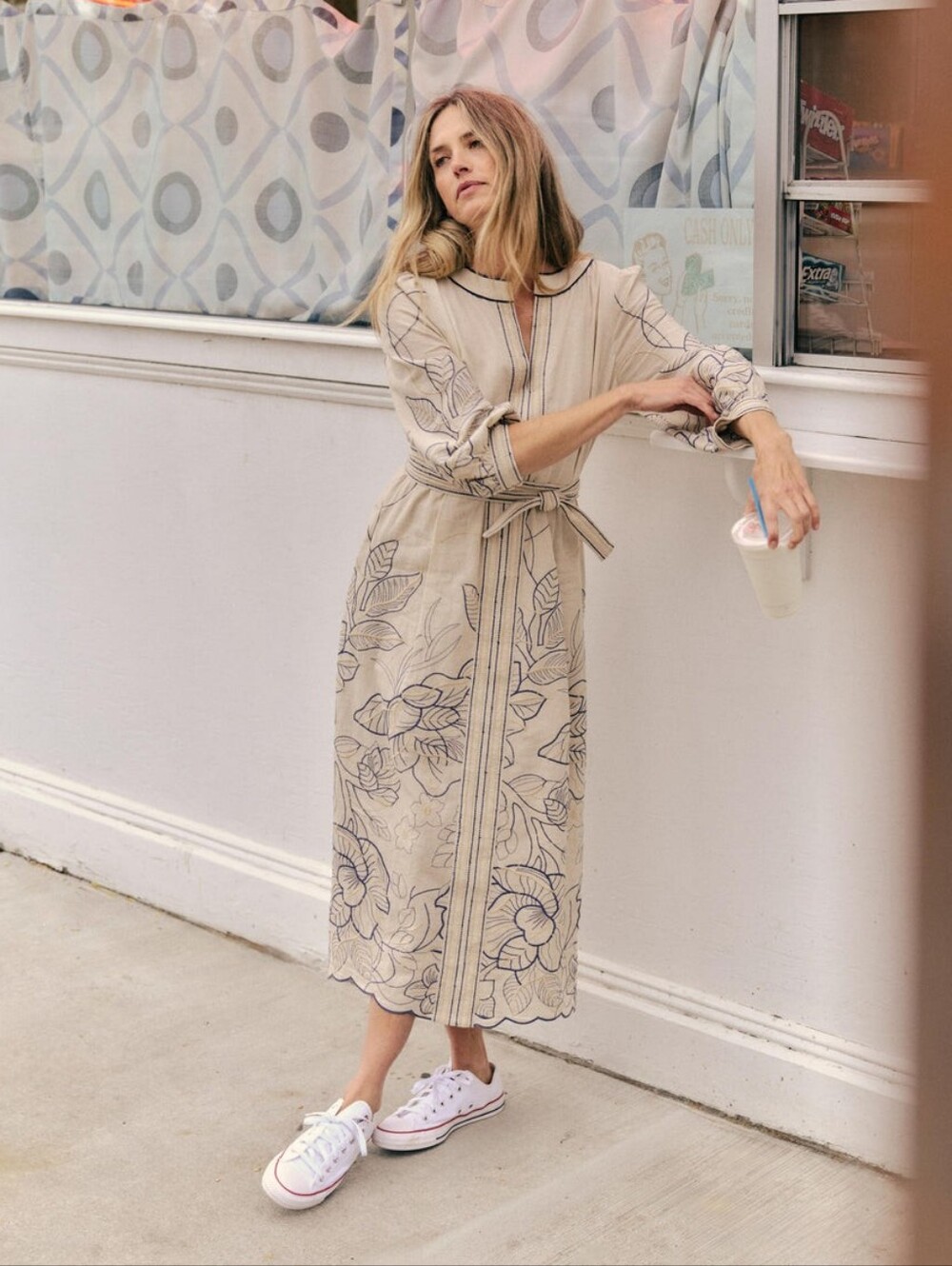 Cartolina Sandy Embroidered Ecru Natural Linen Cotton Belted A-Line Midi Dress M
